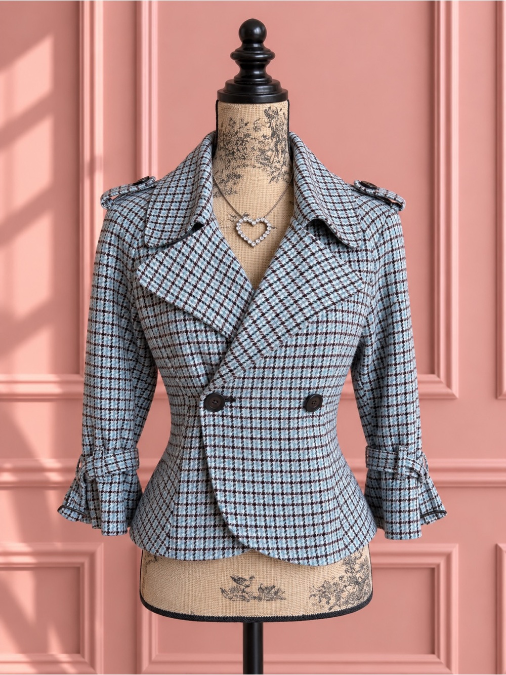 Y2K Le Château Light Blue Houndstooth Double-Breasted Peacoat Jacket Size M